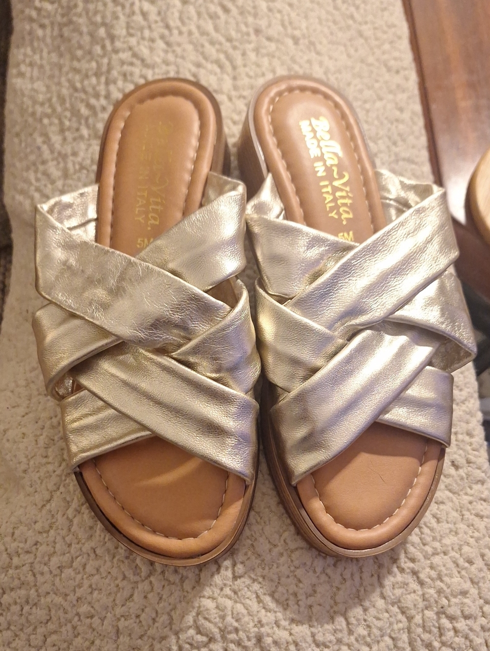 Bella Vita Shimmery Gold Crisscross Slide Sandals